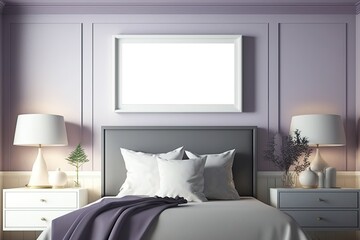 Frame mockup in the purple bedroom for a poster, digital art or photo motif. Generative AI