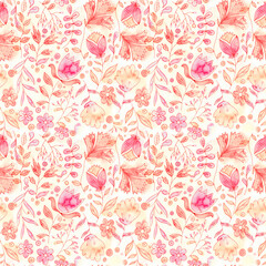 Floral Seamless Pattern with Red, pink, orange flowers, mothers day background. Hand-painted romantic wedding background, textile print, Valentine's Day, mother's day