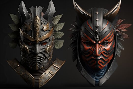 samurai Japanese masks of samurais isolated on the dark background,Generative ai