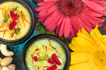 Kesar Badam Thandai Prepared With Fennel Seeds, Dry Fruits, Cardamom, Bhang, Badam, Kaju, Pista, Saffron, Kesar, Spices, Beverages Is Enjoyed On Holi, Mahashivratri, Holla mahalla, Diwali Festival