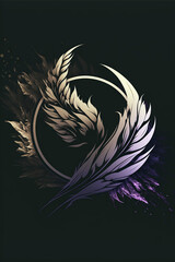 Fototapeta na wymiar Illustration of a fantasy logo with white feathers symbol on black background. Wallpaper, Poster, Coverdesign for books created with Generative AI.