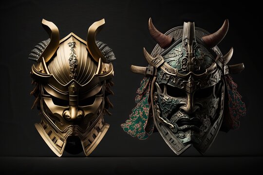 samurai Japanese masks of samurais isolated on the dark background,Generative ai