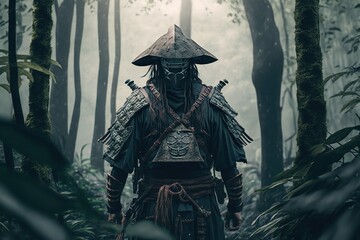samurai fighter  in Japanese armor and a Hidden face , holding a sword,jungle in the background ,Generative ai