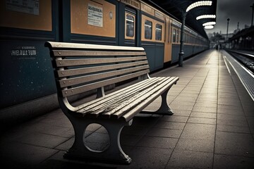 Fototapeta na wymiar Empty wooden chair at the station in evening time generative ai