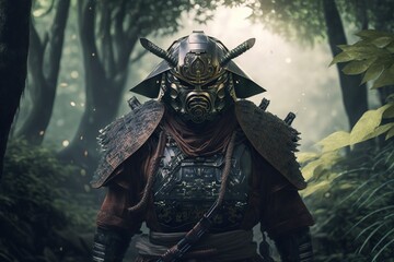 Fototapeta premium samurai fighter in Japanese armor and a Hidden face , holding a sword,jungle in the background ,Generative ai
