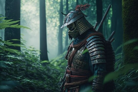 samurai fighter  in Japanese armor and a Hidden face , holding a sword,jungle in the background ,Generative ai