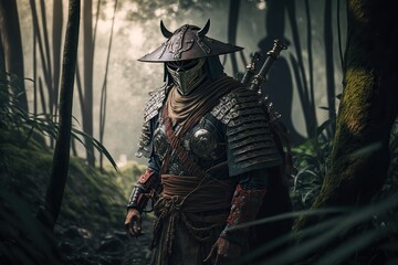 Fototapeta premium samurai fighter in Japanese armor and a Hidden face , holding a sword,jungle in the background ,Generative ai