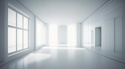 Fototapeta premium This spacious, modern white interior features a long empty room with bright natural light streaming through large windows and reflecting off the polished floor. Ideal for editorial layouts.