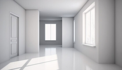 Fototapeta premium A spacious and empty white room interior features a glossy floor, two windows, and a door, with bright sunlight casting shadows across the modern perspective.