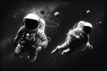 Fototapeta na wymiar Two astronauts floating in space black and white with planets and stars in the background. Generative AI