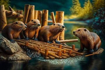 Group of Beavers building a wooden dam on the river. Generative AI - obrazy, fototapety, plakaty