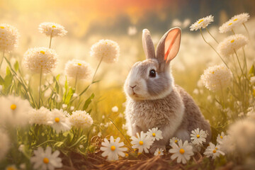Calm and sweet little brown rabbit sitting on green grass, cute bunny. Generative AI