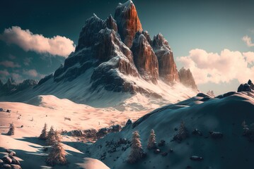 Illustration of epic snowy ultra wide landscape with steep high red mountains, at golden hour. Created by generative AI