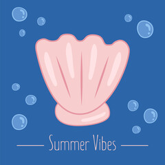 Seashell underwater, summer oyster in cartoon style, marine oceanic life illustration, vector poster, banner with Summer Vibes text.
