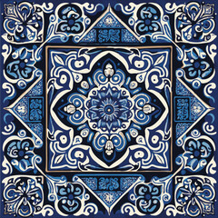 Retro Azulejo Mosaic Tile, Vintage Portuguese Wall Ceramic Seamless Pattern, Old Blue Tiles Background