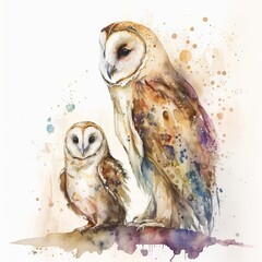 drawing of an owl and a owlet on a light background paint watercolor Generative AI