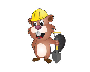 Beaver Holding Shovel with Grinning Expression Illustration