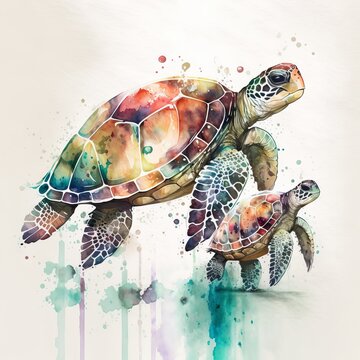 drawing turtles swim light background paint watercolor Generative AI