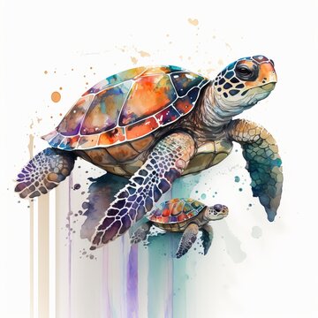 drawing turtles swim light background paint watercolor Generative AI