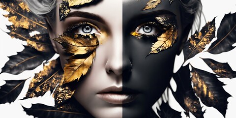visage de femme au milieu de feuilles noires et dorée, regard perçant, fond blanc - illustration ia