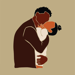 Young black father holding daughter in line art style vector