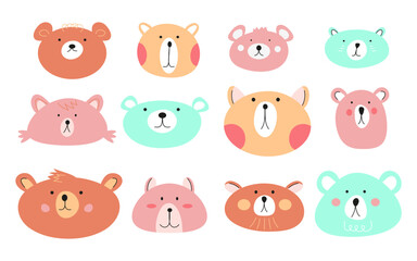 Cute baby bear avatar vector illustration. Hand drawn bear faces. Colorful animal face for child