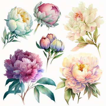 drawing of flowers on a white background peonies watercolor several pieces Generative AI