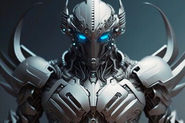 Amazing man robot on dark background wearing a metal warrior armor. Generative AI