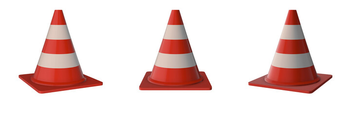 traffic cone, road sign, transparent background, left, front and right view (3d render)