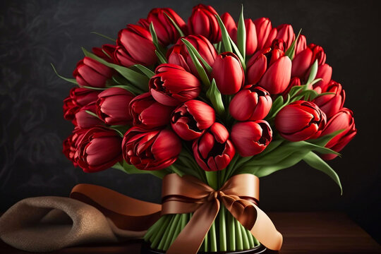 Valentine's day bouquet of red tulips. Generative AI