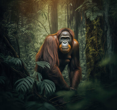 Orangutan monkey in the Rainforest or in the jungle, Generative art