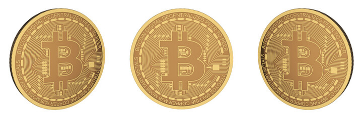 cryptocurrency bitcoin, left, front and right view, transparent background (3d render)