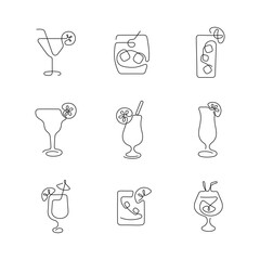 Cocktails artistic style continuous line icons. Editable stroke.