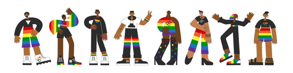 Set of black gay people. African american lgbt men with rainbow flag colors and pride symbols. Inclusion, diversity, equality, awareness concept. Vector flat illustration set.