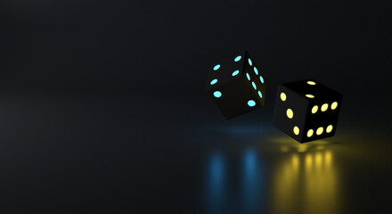 dice being thrown on a dark background with numbers lit in neow (3d illustration)