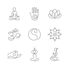 Esoteric artistic style continuous line icons. Yoga, meditation, spiritual illustration. Editable stroke.