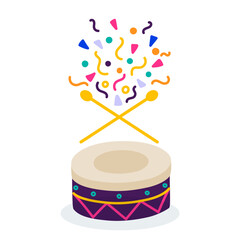 Happy Carnival. Drum and drum sticks with exploding confetti. Carnival party banner. Vector illustration, flat design
