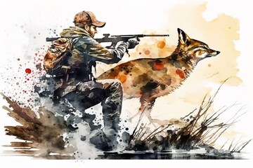 Man hunting with dog on his side illustration
