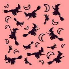 Square Halloween pattern with half moon and flying witches