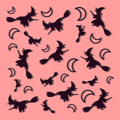 Square Halloween pattern with half moon and flying witches vector