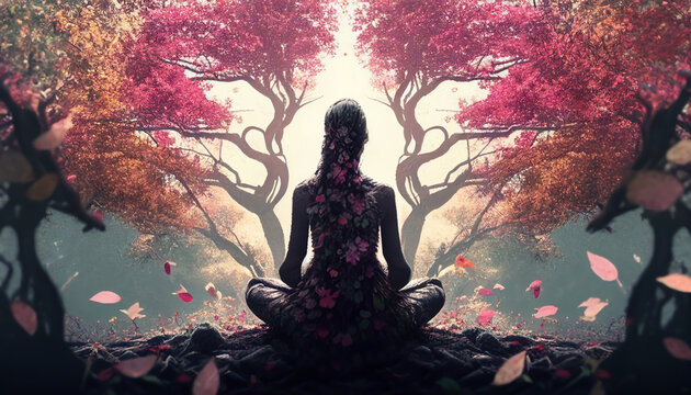 Finding Inner Peace, Woman Meditates among the Trees. Generative AI