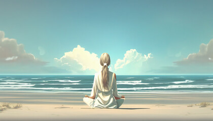 Meditative Moments, A Woman Relaxes by the Ocean. Generative AI
