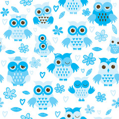 Blue owls seamless pattern for baby boys