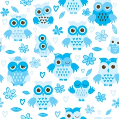 Wall murals Owl Cartoons Blue owls seamless pattern for baby boys