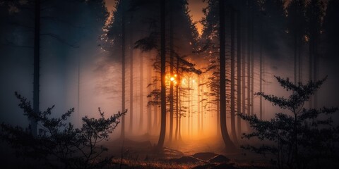 dawn through the forest in the mist. Generative AI