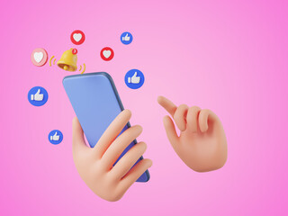 3D cartoon hand holding smartphone Social network icon online communication application with smartphone concept, social media platform or valentine day, 3D render