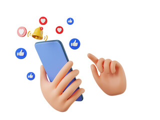3D cartoon hand holding smartphone Social network icon, 3D render