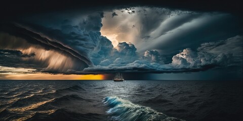 Glowing clouds before the thunderstorm over the wide Baltic Sea. Sweden Spectacular sky and seascape. from the yacht, a view. sailing in a choppy sea. Generative AI