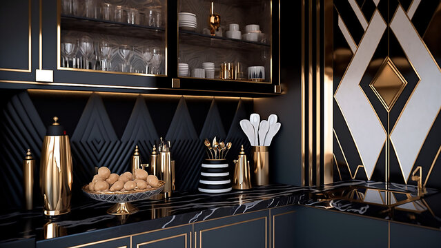 Interior design Classic and elegant styles Art Deco Kitchen | Glamour, elegance, geometric elements, abstract prints, golden details. Black, white and gold | Illustration Generated AI