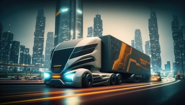 Future Autonomous Cargo Delivery: Illustration of AV Truck for Efficient Logistics background. Generative ai